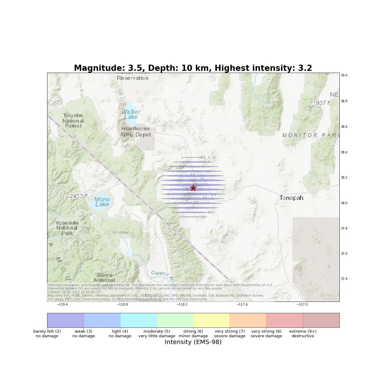 2021-02-8 15:15 UTC: Earthquake (M3.5) CALIFORNIA-NEVADA ...