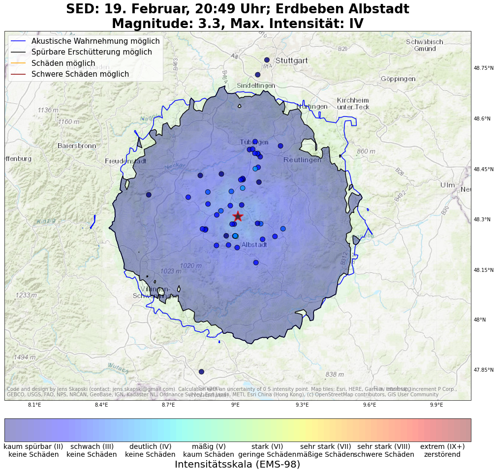 Aktualisierte ShakeMap und Zeugenmeldungen zum Erdbeben in Albstadt am 19. Februar