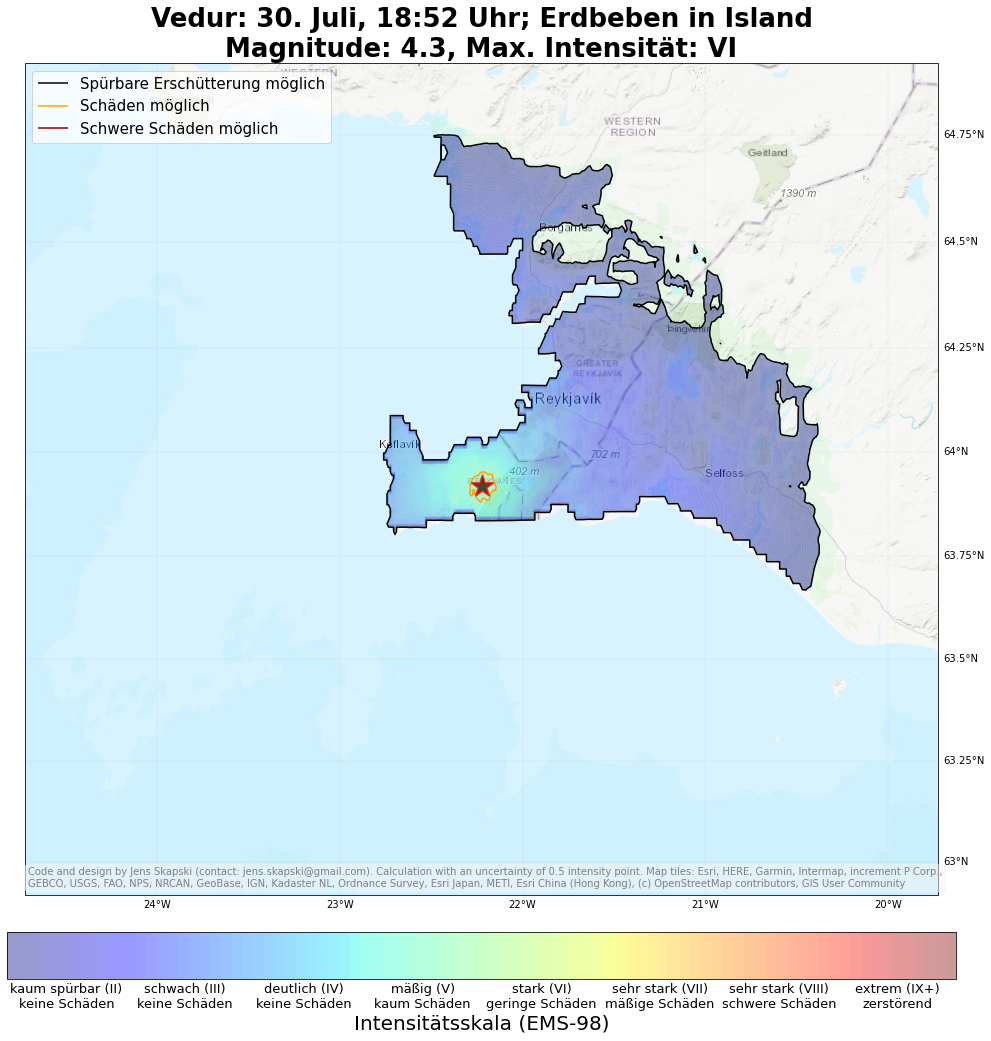 ShakeMap des M4.4 Erdbeben in Island am 30. Juli