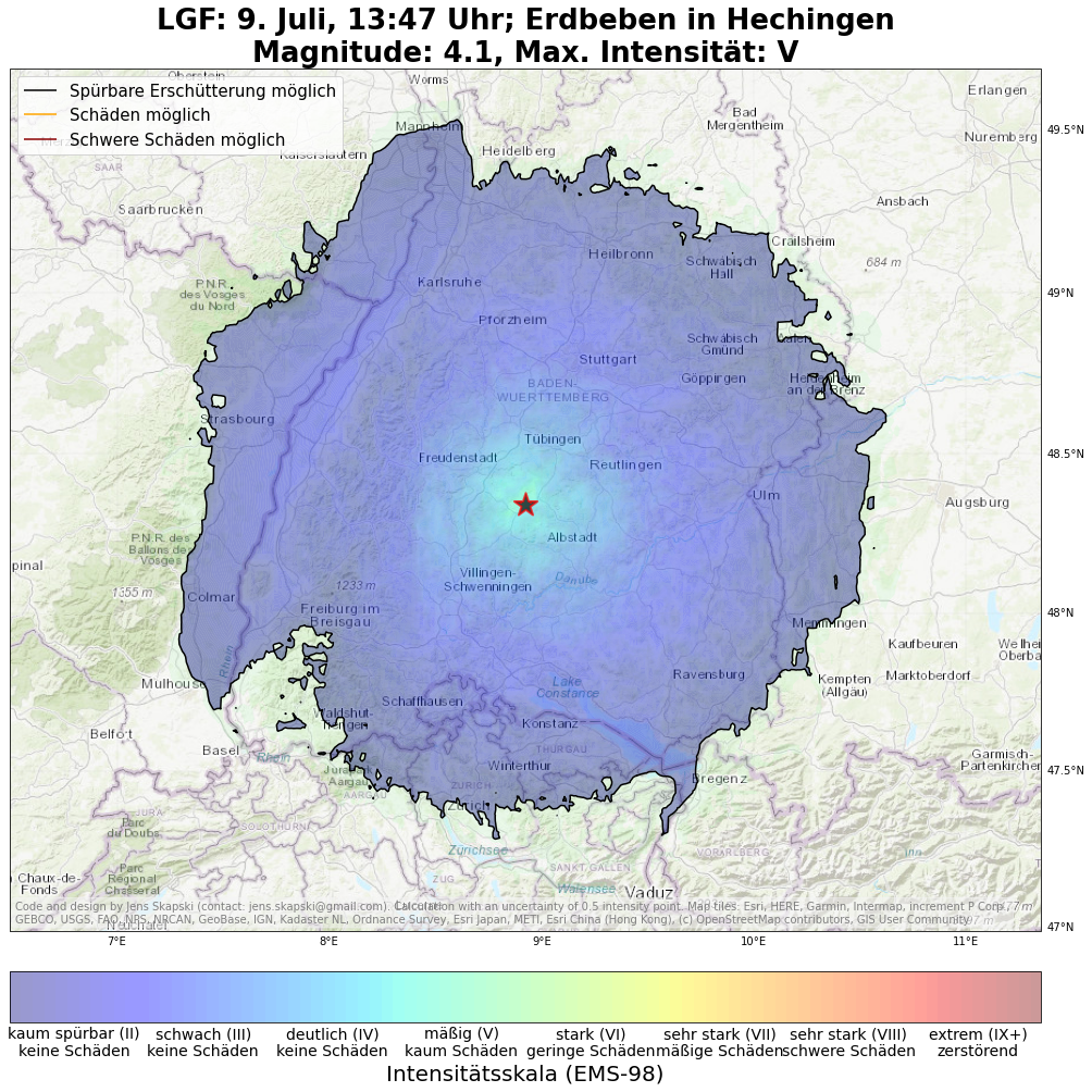 Hechingen-Erdbeben Intensitätsberechnung