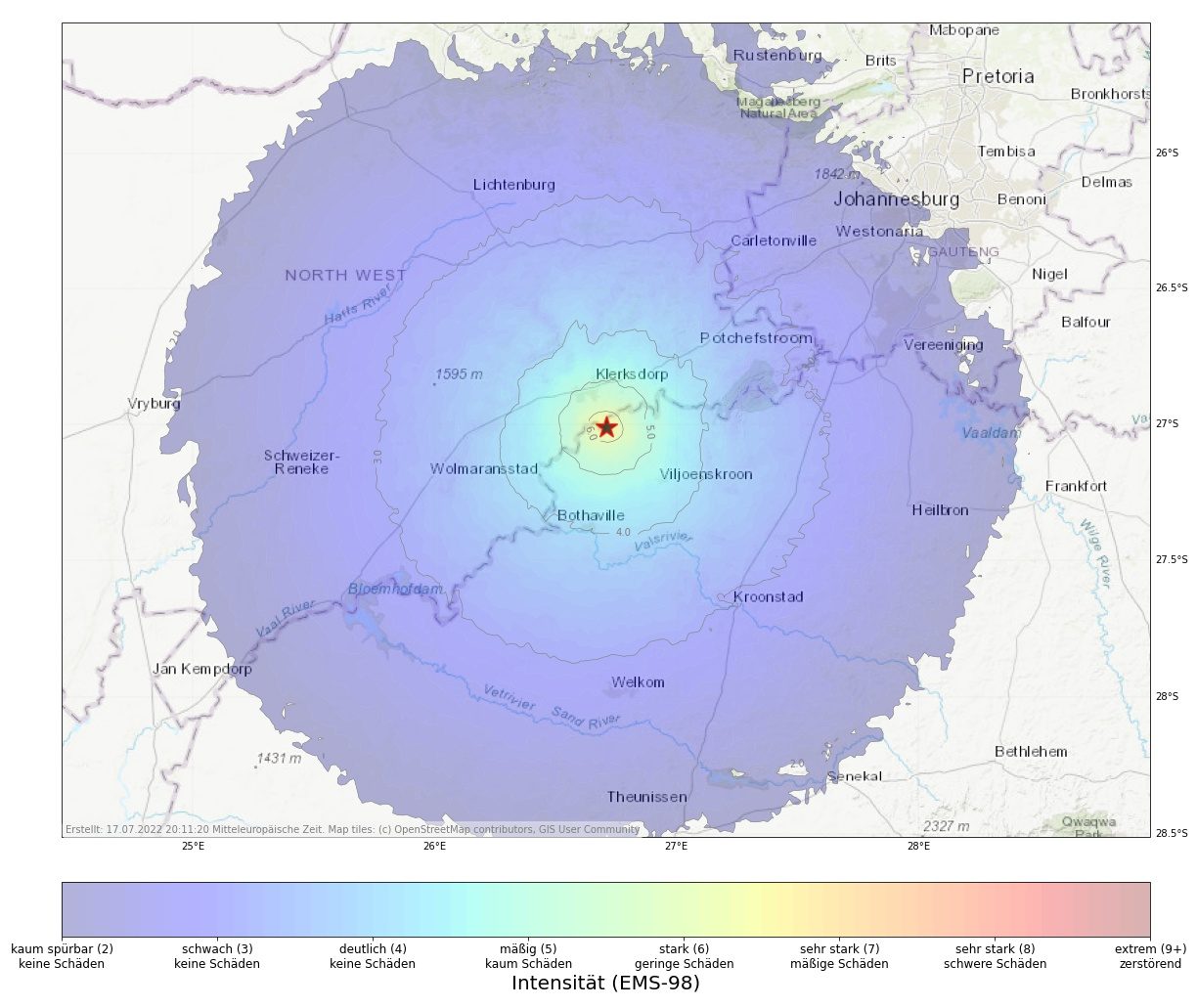 Erdbeben bei Orkney, Südafrika