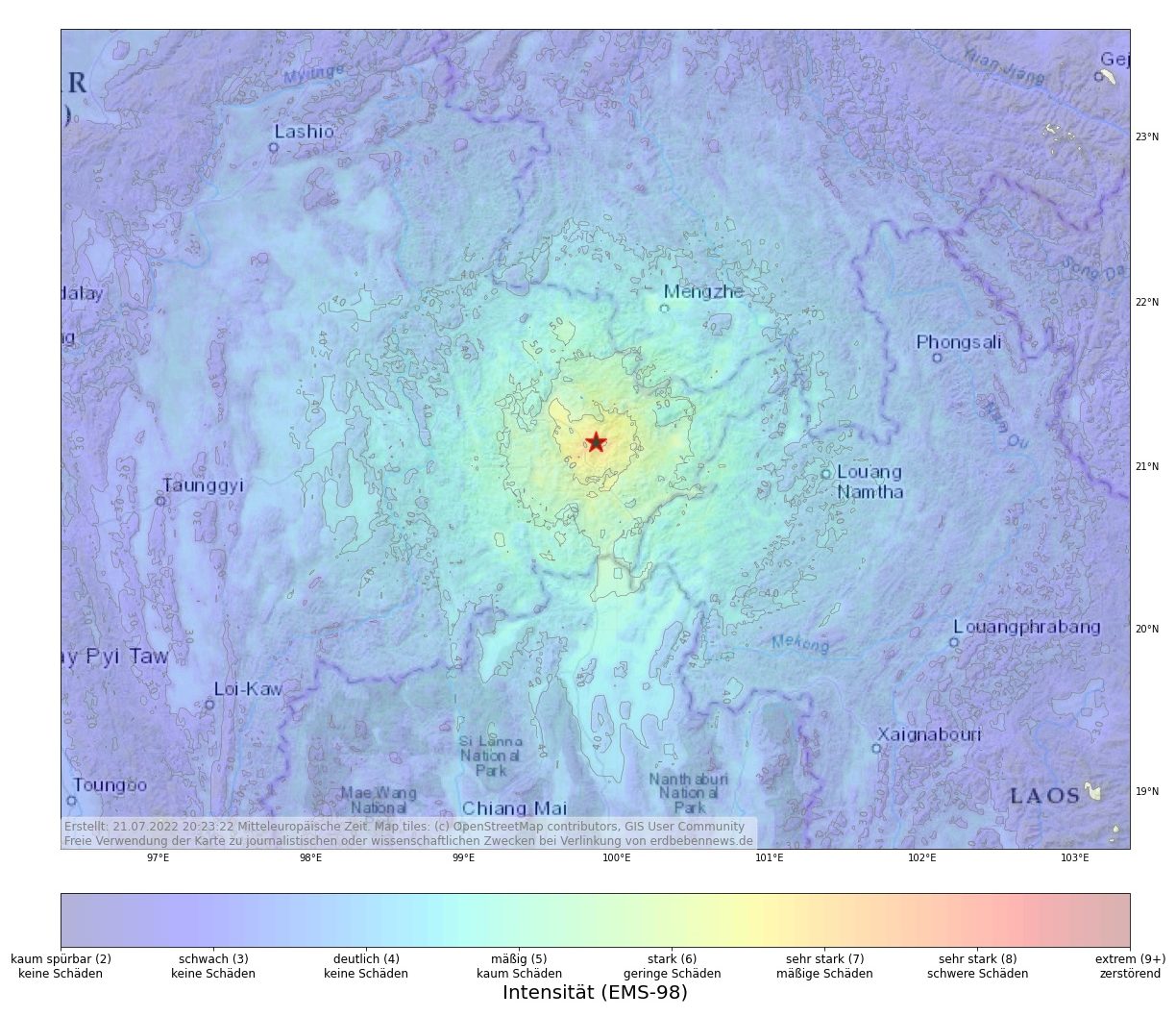Starkes gefährliches Erdbeben im Osten von Myanmar