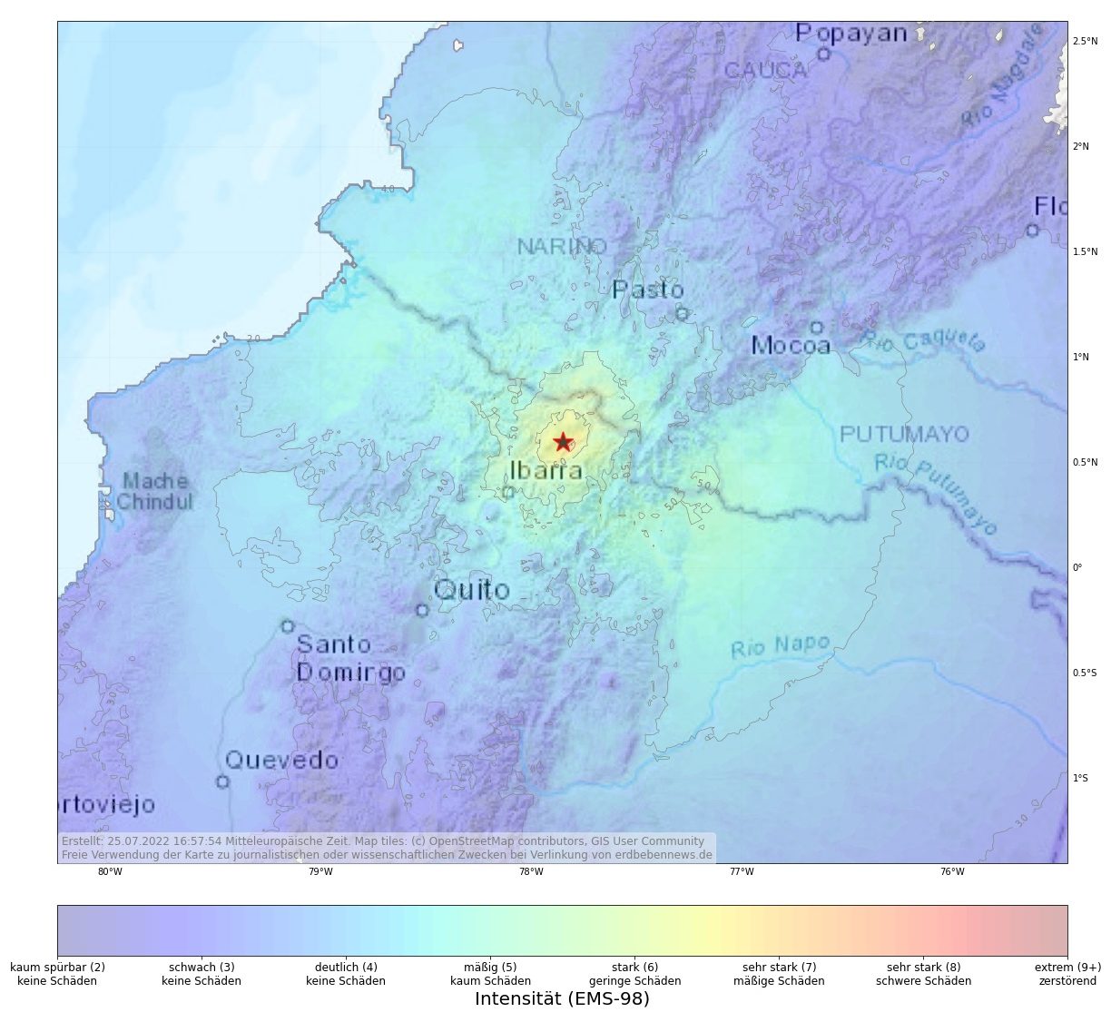 Starkes Erdbeben in der Grenzregion von Ecuador und Kolumbien.