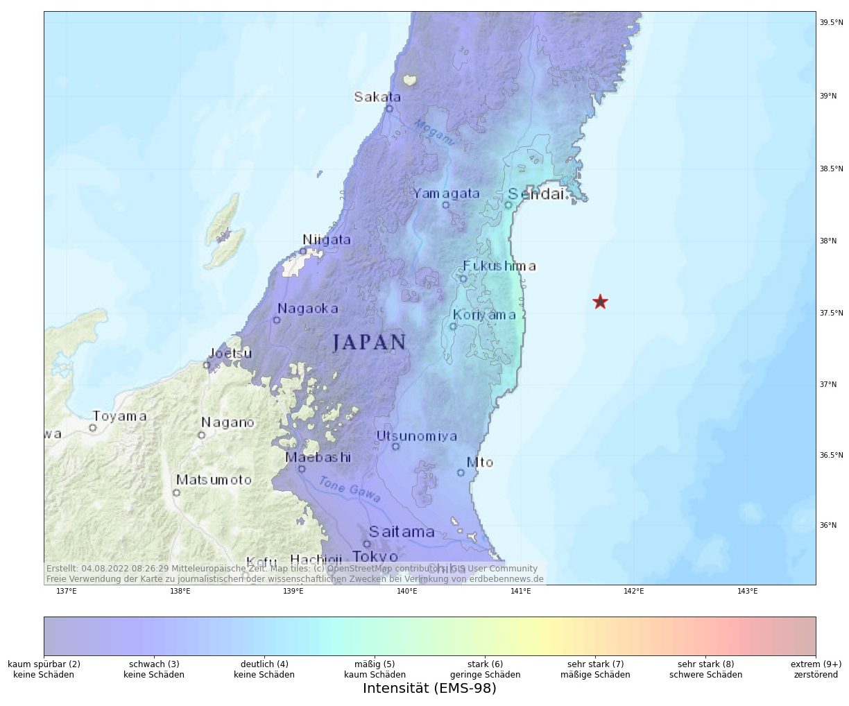 ShakeMap Fukushima-Erdbeben am 4. August 2022