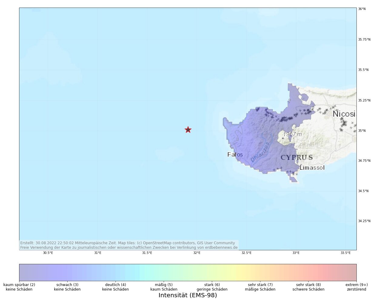 Erdbeben vor der Küste von Paphos, Zypern