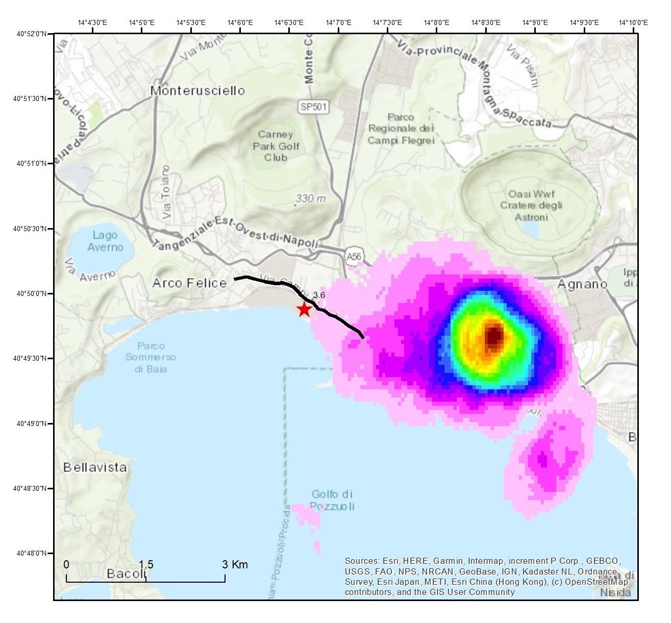 Heat map of earthquake activity in the Campi Flegrei since 2018