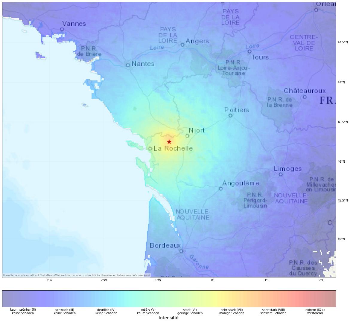 Shake map of Strong earthquake (M5.5) near La Rochelle, France