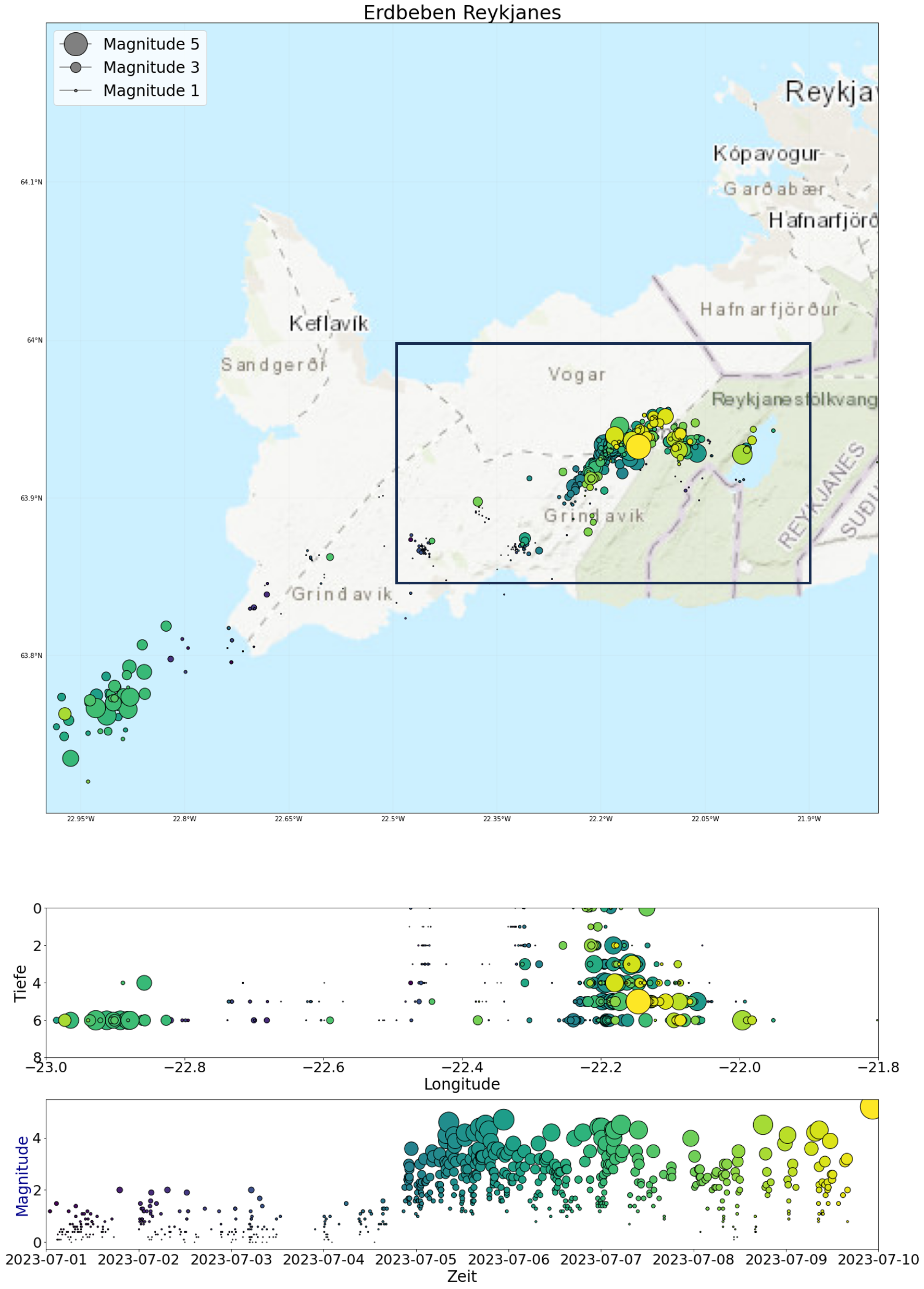 Abbildung 1: Erdbebenaktivität auf der Reykjanes-Halbinsel seit 1. Juli 2023