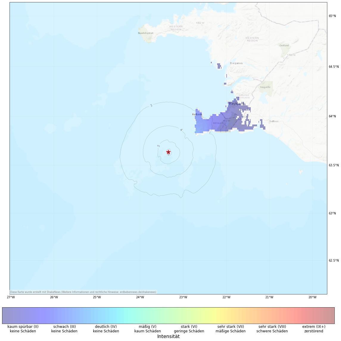 Berechnete Intensität (ShakeMap) des Erdbebens der Stärke 4.5 am 13. August, 22:29 Uhr in Island