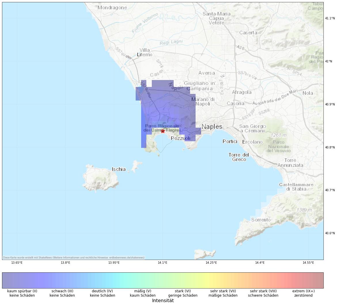 Berechnete Intensität (ShakeMap) des Erdbebens der Stärke 2.6 am 15. August, 00:46 Uhr in Italien