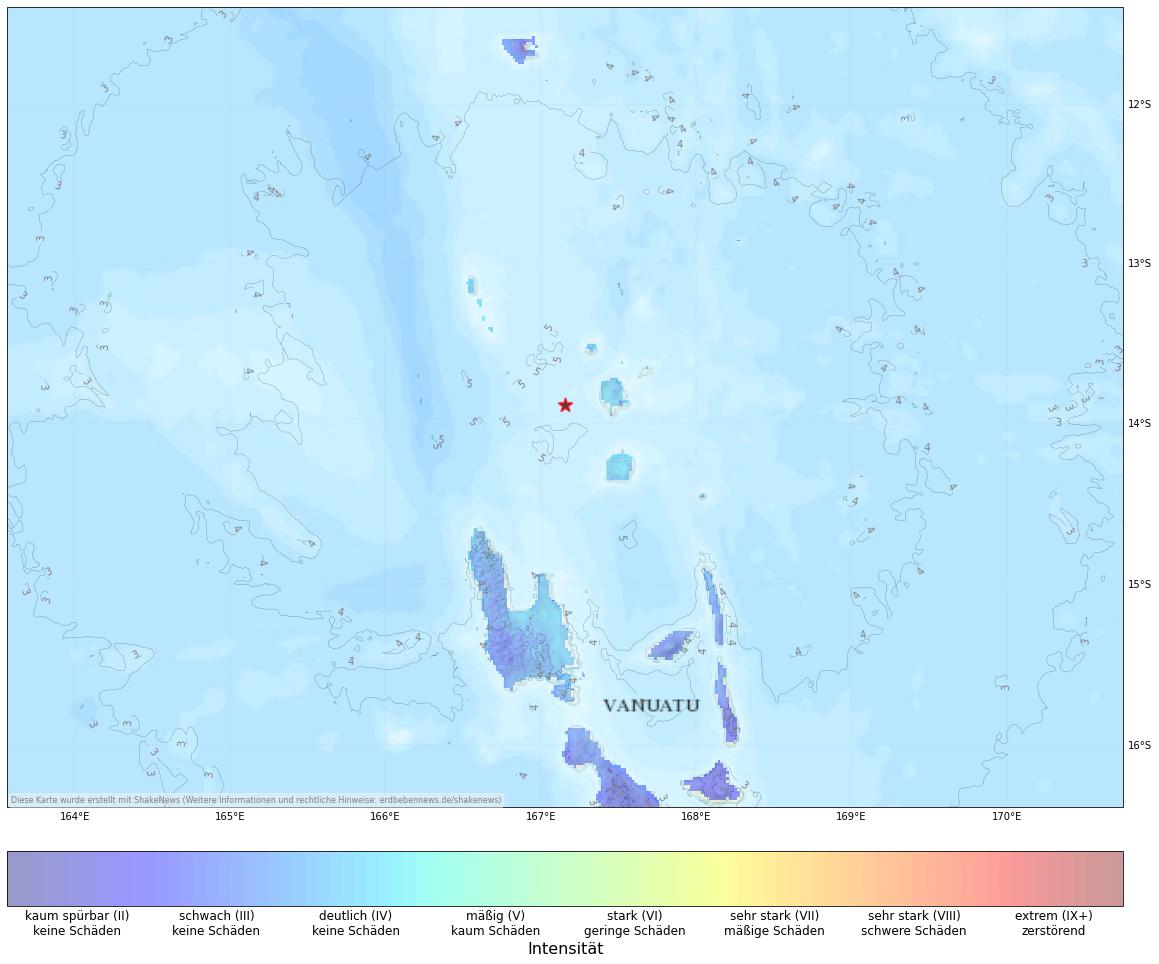 Berechnete Intensität (ShakeMap) des Erdbebens der Stärke 6.5 am 16. August, 14:47 Uhr in Vanuatu