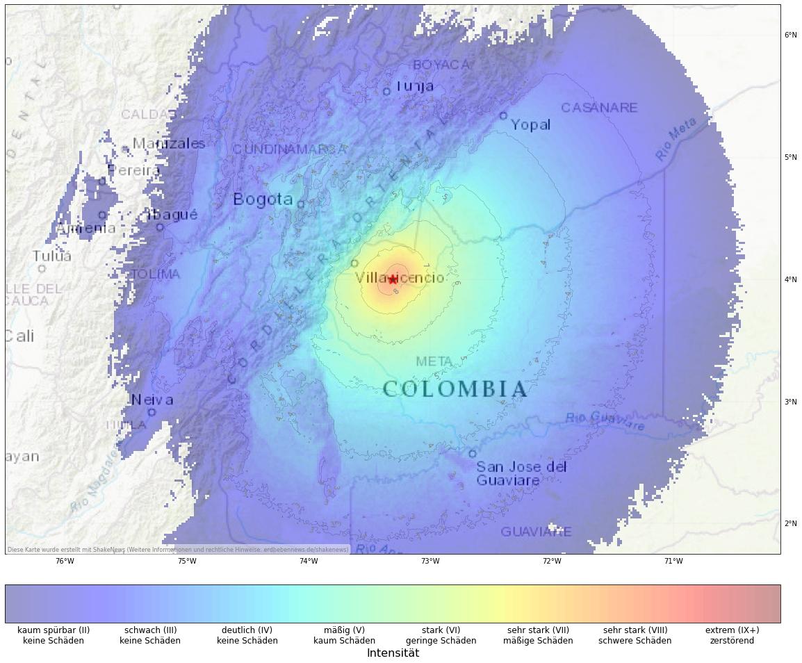 Berechnete Intensität (ShakeMap) des Erdbebens der Stärke 6.0 am 17. August, 19:04 Uhr in Kolumbien