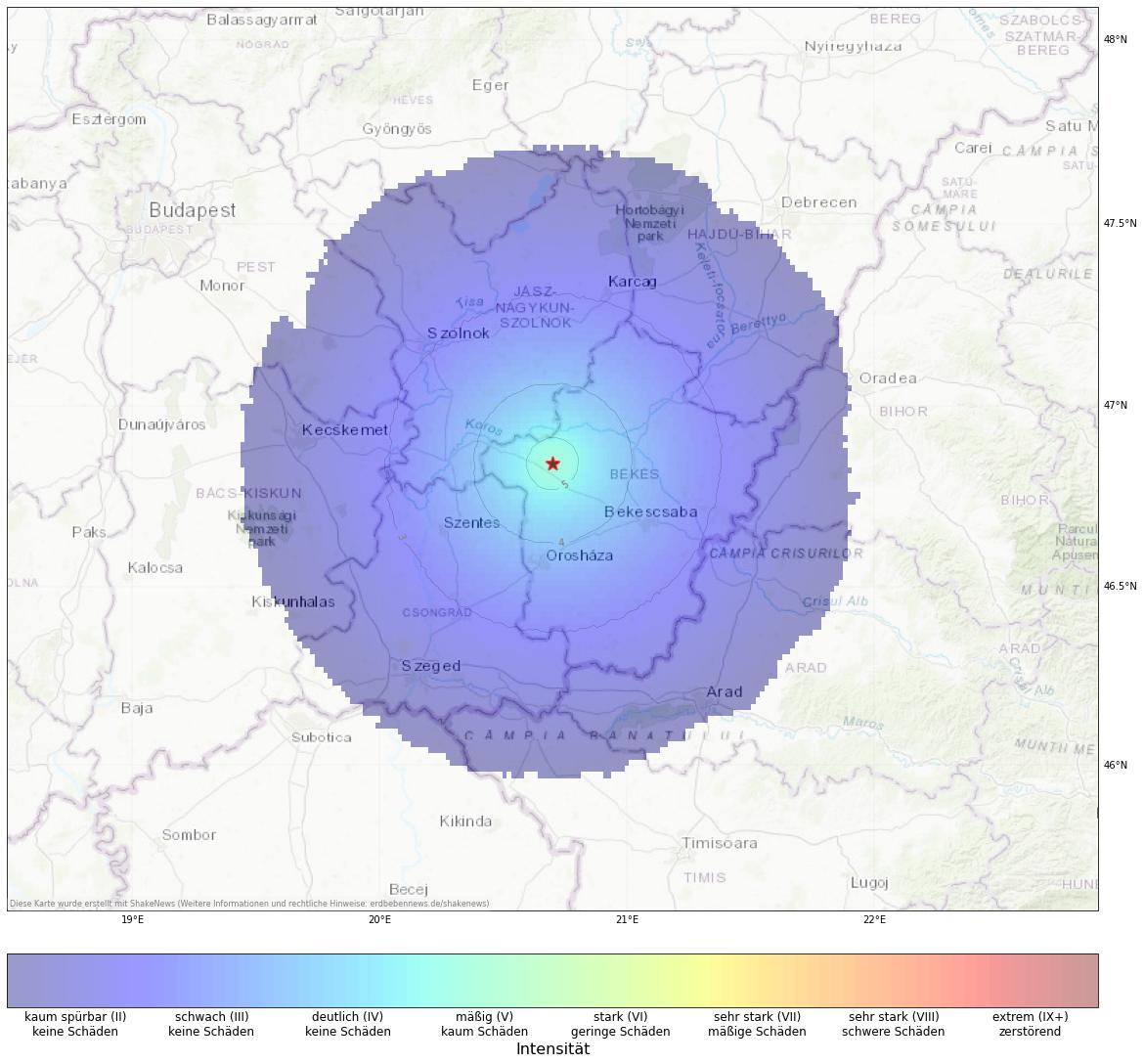 Berechnete Intensität (ShakeMap) des Erdbebens der Stärke 4.0 am 19. August, 11:13 Uhr in Ungarn