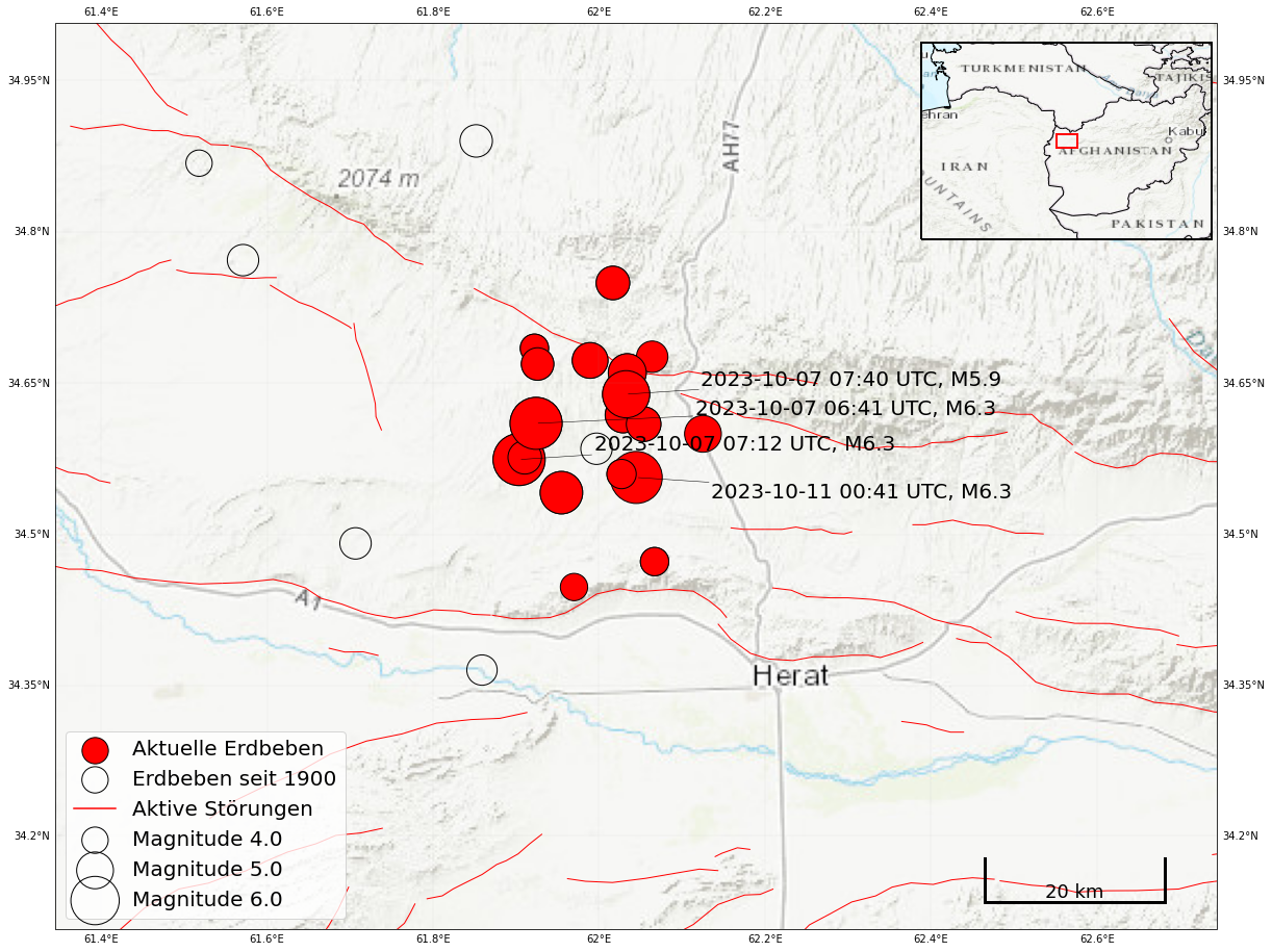 Grafik 3: Epizentren der Erdbeben (USGS) und aktive Störungen rund um Herat. Störungsdaten: Database of Active Faults of Eurasia and adjacent Aquatories (AFEAD)