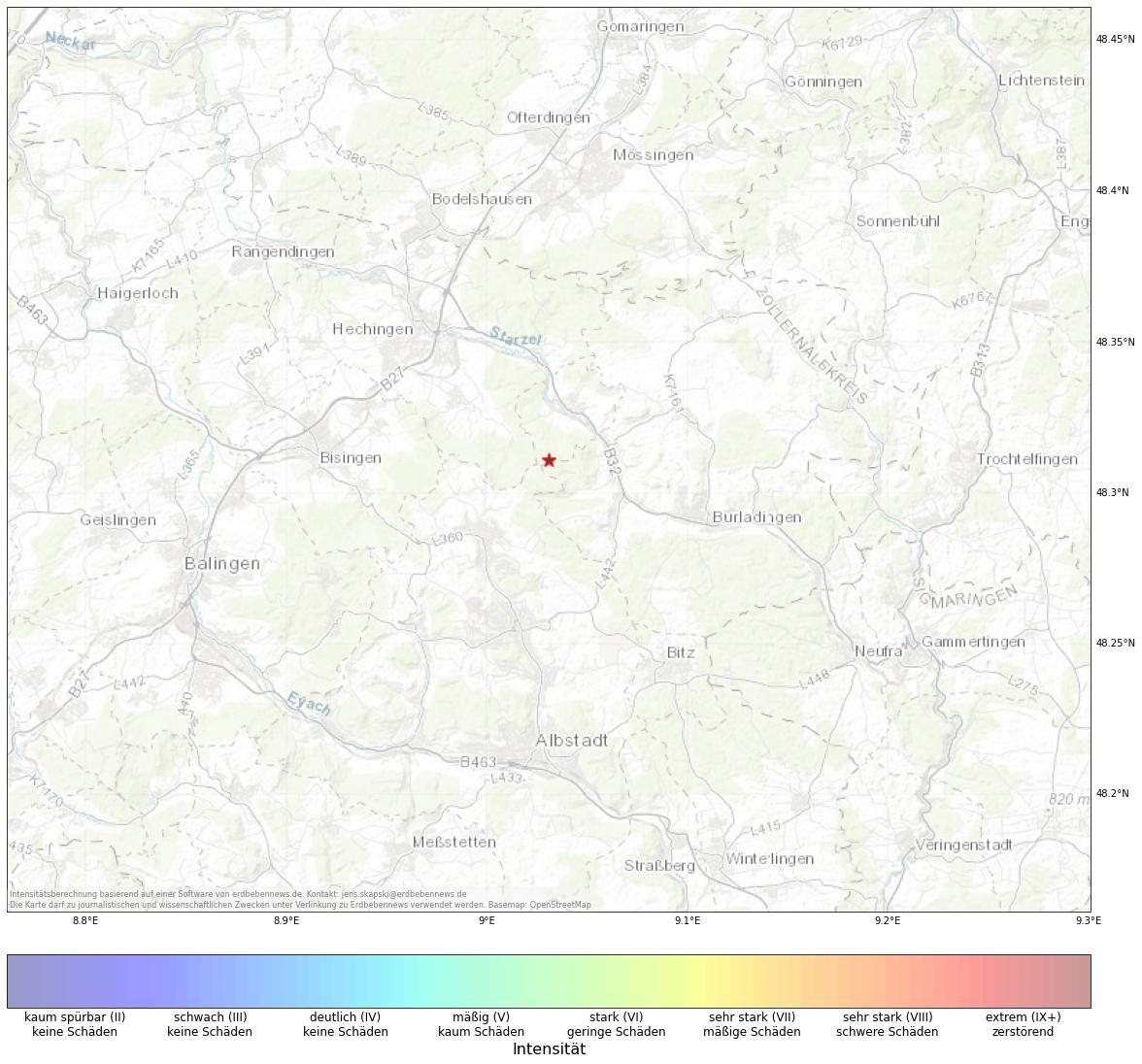 Berechnete Intensität (ShakeMap) des Erdbebens der Stärke 1.5 am 13. Oktober, 3:49 Uhr in Deutschland