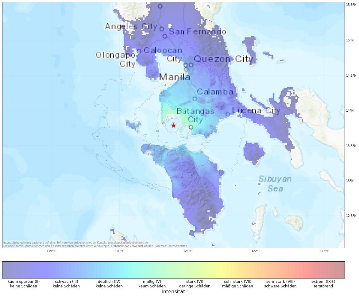 Berechnete Intensität (ShakeMap) des Erdbebens der Stärke 5.0 am 13. Oktober, 2:24 Uhr in Philippinen