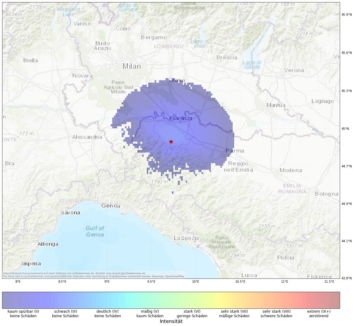 Berechnete Intensität (ShakeMap) des Erdbebens der Stärke 3.7 am 13. Oktober, 9:25 Uhr in Italien