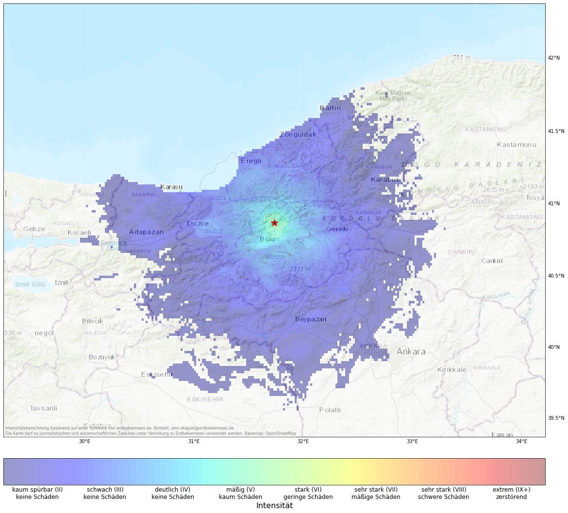 Berechnete Intensität (ShakeMap) des Erdbebens der Stärke 4.5 am 14. Oktober, 16:07 Uhr in Türkei