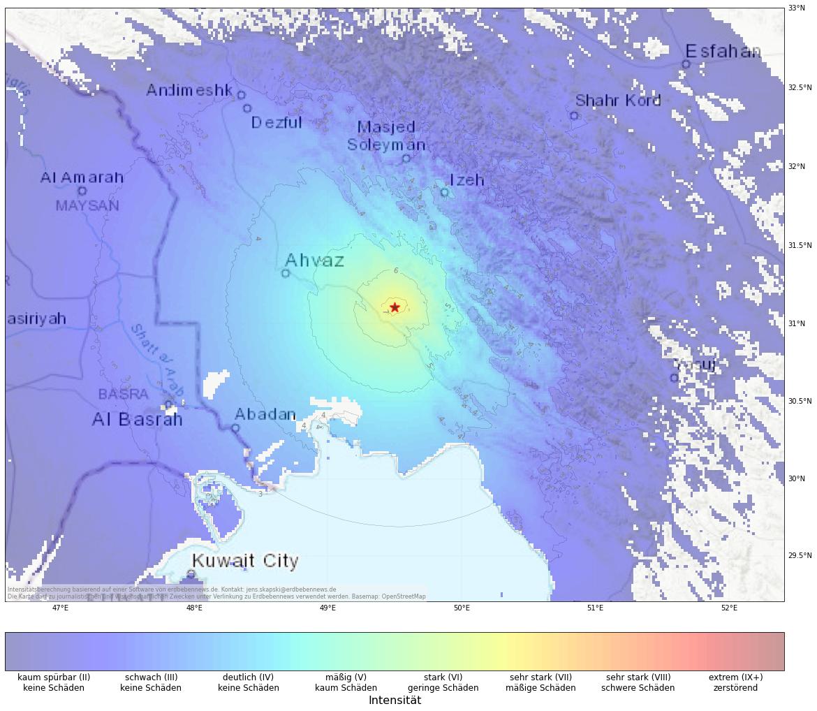 Berechnete Intensität (ShakeMap) des Erdbebens der Stärke 5.3 am 15. Oktober, 13:15 Uhr in Iran