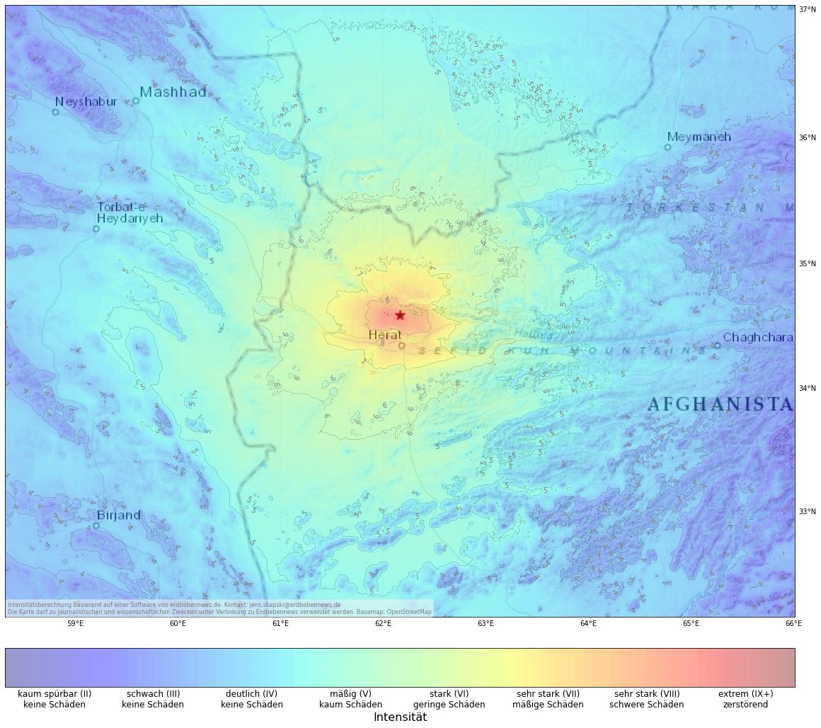 Berechnete Intensität (ShakeMap) des Erdbebens der Stärke 6.4 am 15. Oktober, 05:36 Uhr in Afghanistan