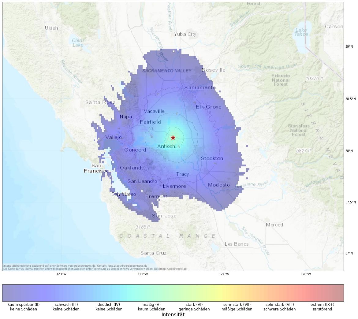 Berechnete Intensität (ShakeMap) des Erdbebens der Stärke 4.1 am 18. Oktober, 18:29 Uhr in USA