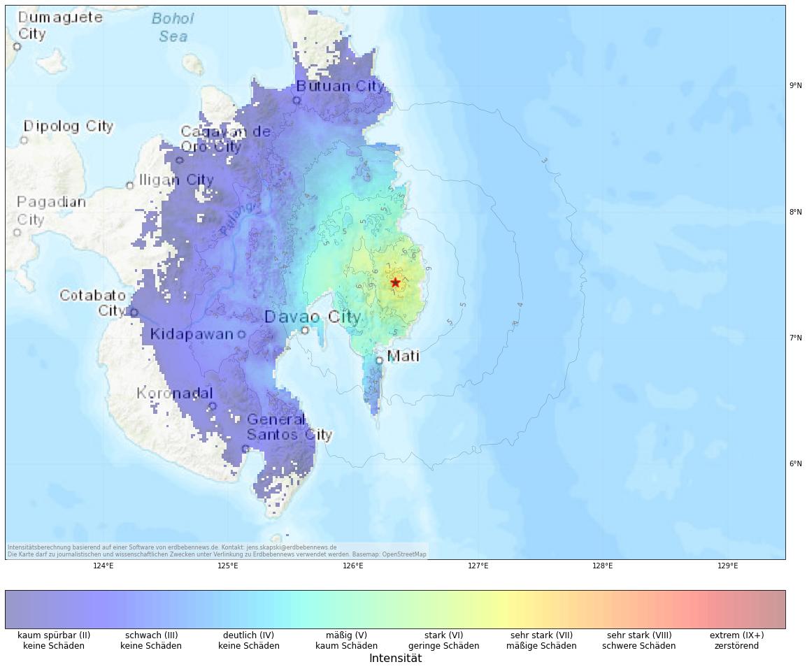 Berechnete Intensität (ShakeMap) des Erdbebens der Stärke 5.9 am 19. Oktober, 20:58 Uhr in Philippinen