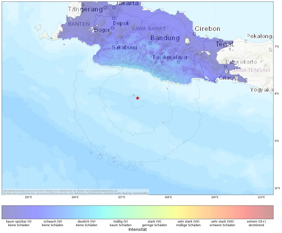 Berechnete Intensität (ShakeMap) des Erdbebens der Stärke 5.6 am 19. Oktober, 16:08 Uhr in Indonesien