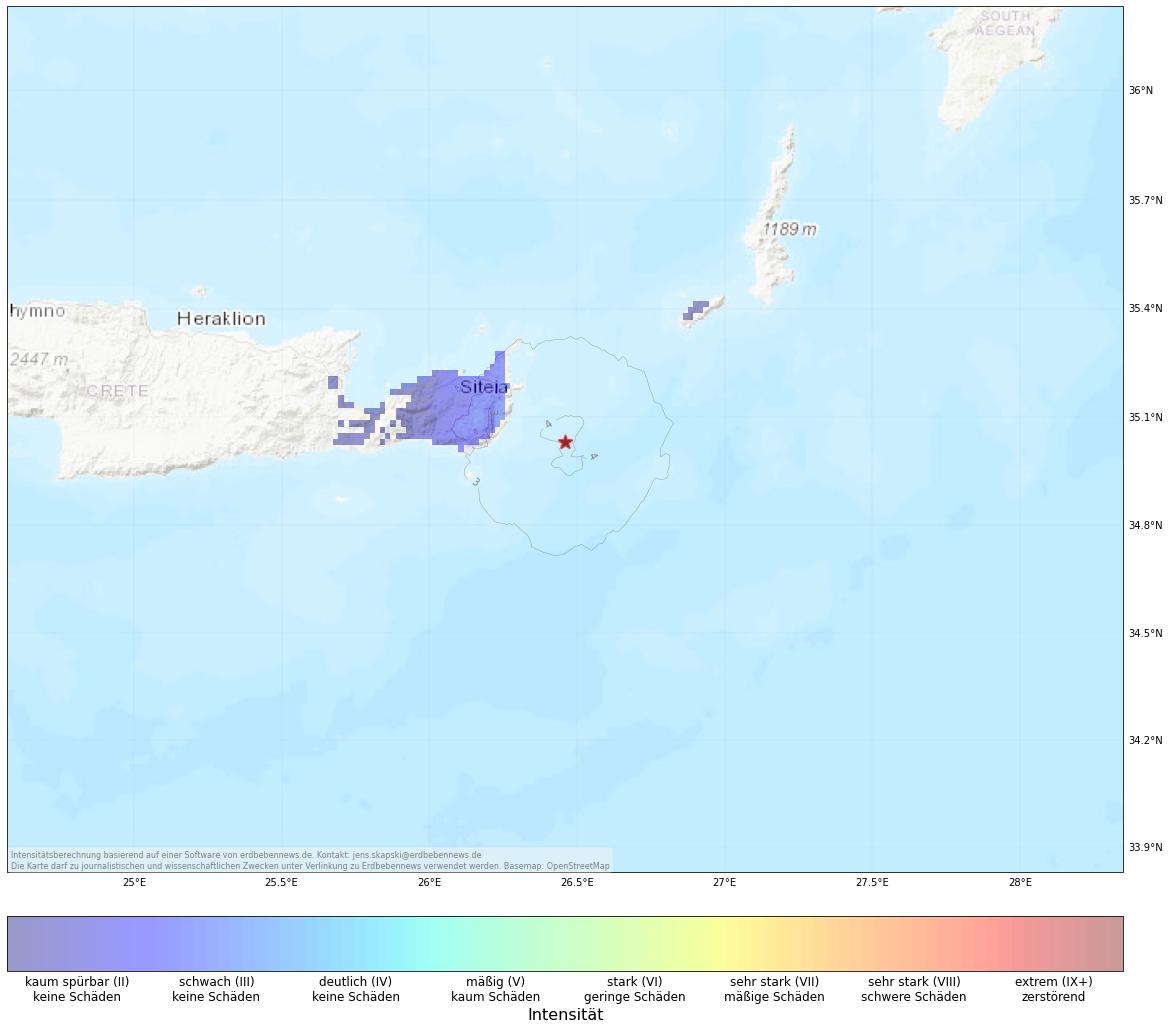 Berechnete Intensität (ShakeMap) des Erdbebens der Stärke 3.9 am 21. Oktober, 5:47 Uhr in Griechenland