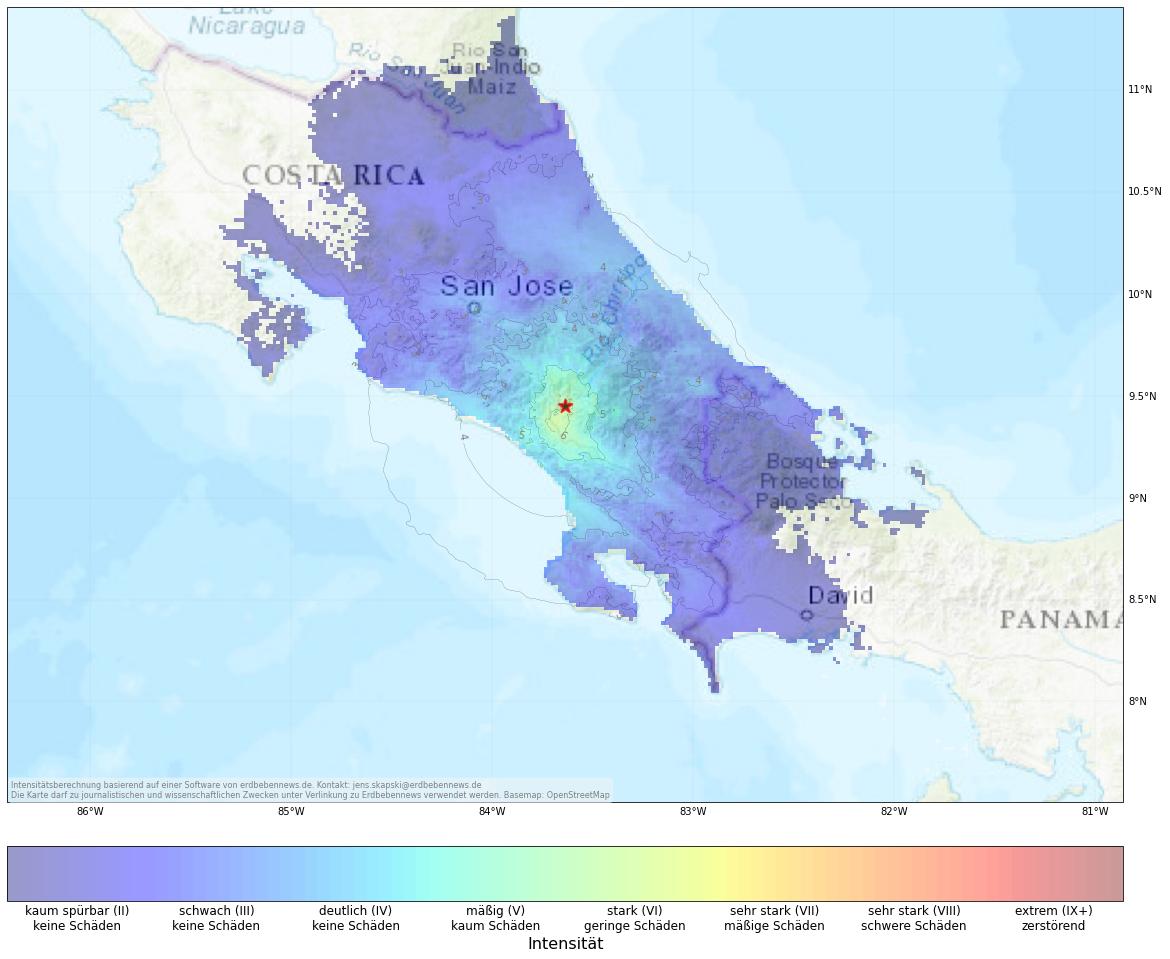 Berechnete Intensität (ShakeMap) des Erdbebens der Stärke 5.4 am 21. Oktober, 12:46 Uhr in Costa Rica