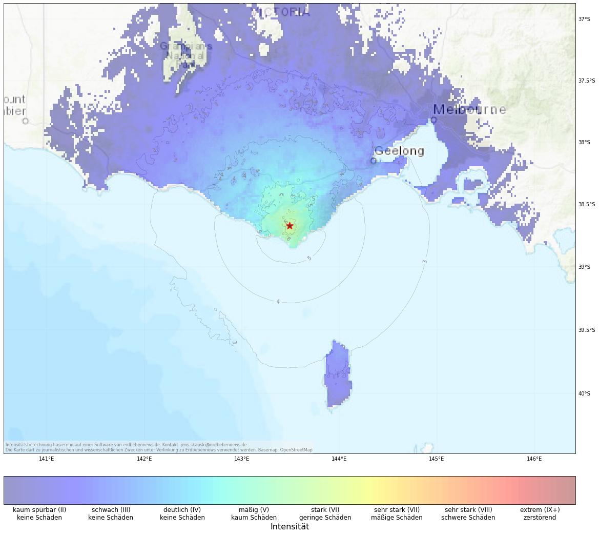 Berechnete Intensität (ShakeMap) des Erdbebens der Stärke 5.1 am 21. Oktober, 17:11 Uhr in Australien