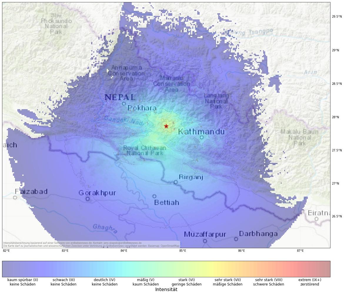 Berechnete Intensität (ShakeMap) des Erdbebens der Stärke 5.2 am 22. Oktober, 3:54 Uhr in Nepal