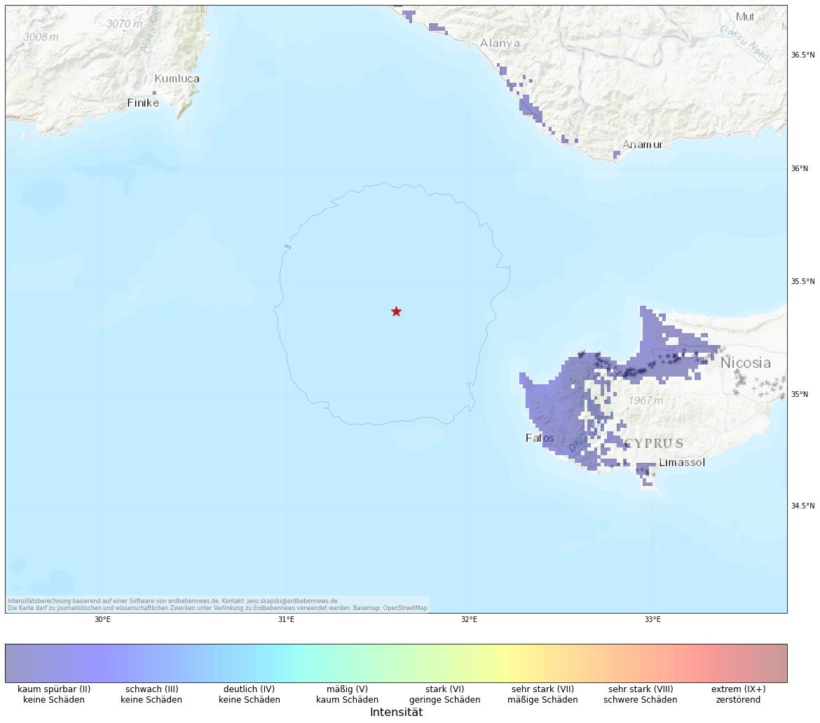 Berechnete Intensität (ShakeMap) des Erdbebens der Stärke 4.2 am 25. Oktober, 08:09 Uhr in Zypern