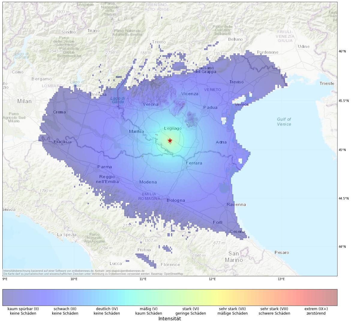 Berechnete Intensität (ShakeMap) des Erdbebens der Stärke 4.3 am 25. Oktober, 15:45 Uhr in Italien