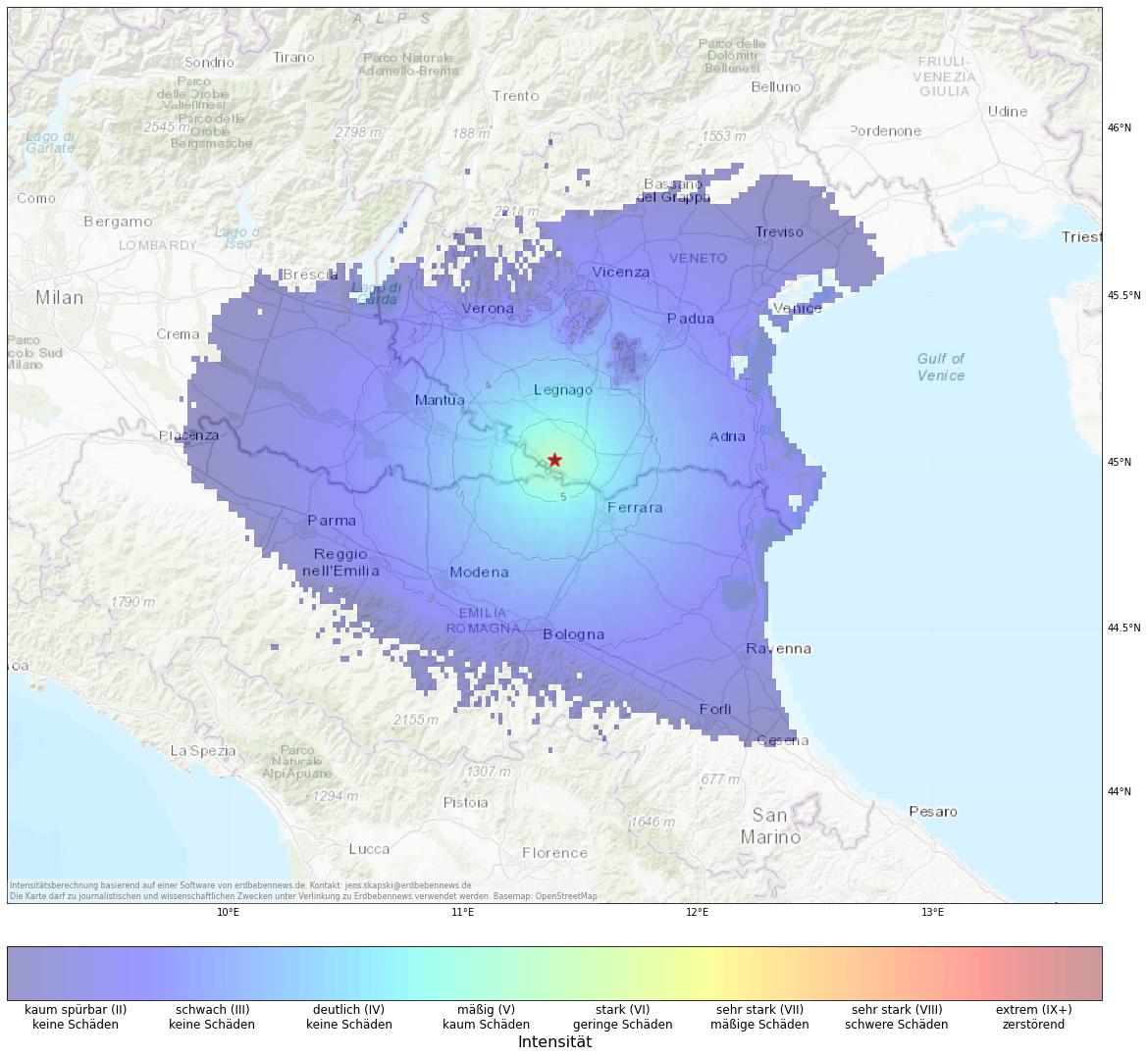 Berechnete Intensität (ShakeMap) des Erdbebens der Stärke 4.2 am 26. Oktober, 17:29 Uhr in Italien