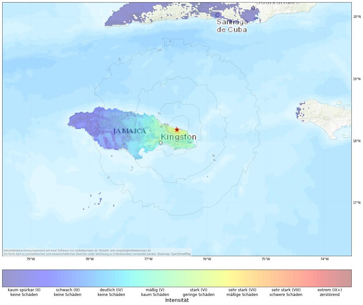 Berechnete Intensität (ShakeMap) des Erdbebens der Stärke 5.6 am 30. Oktober, 16:57 Uhr in Jamaika