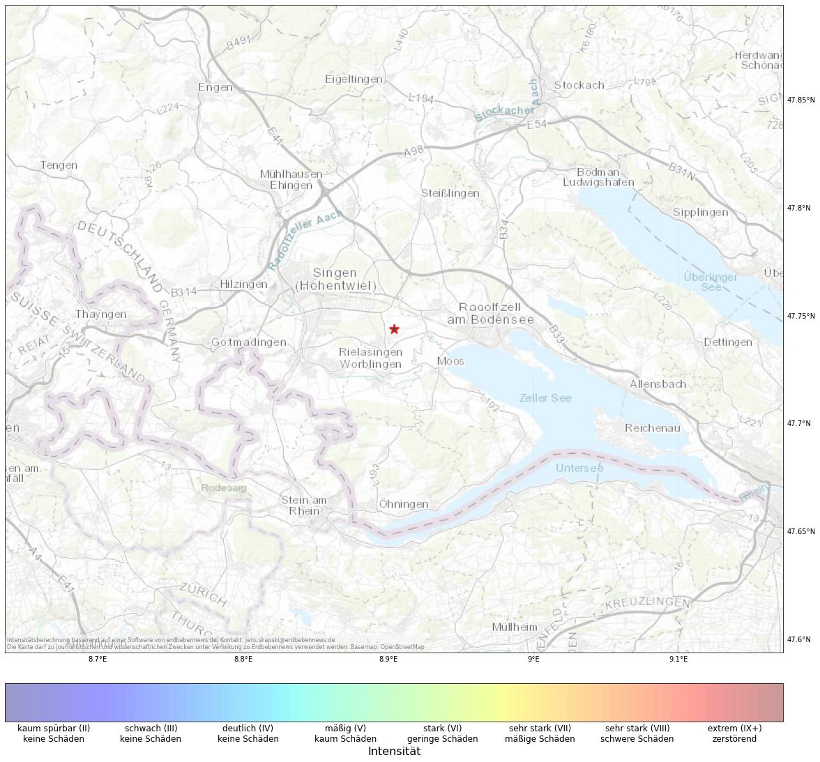 Berechnete Intensität (ShakeMap) des Erdbebens der Stärke 1.6 am 30. October, 00:02 in Deutschland