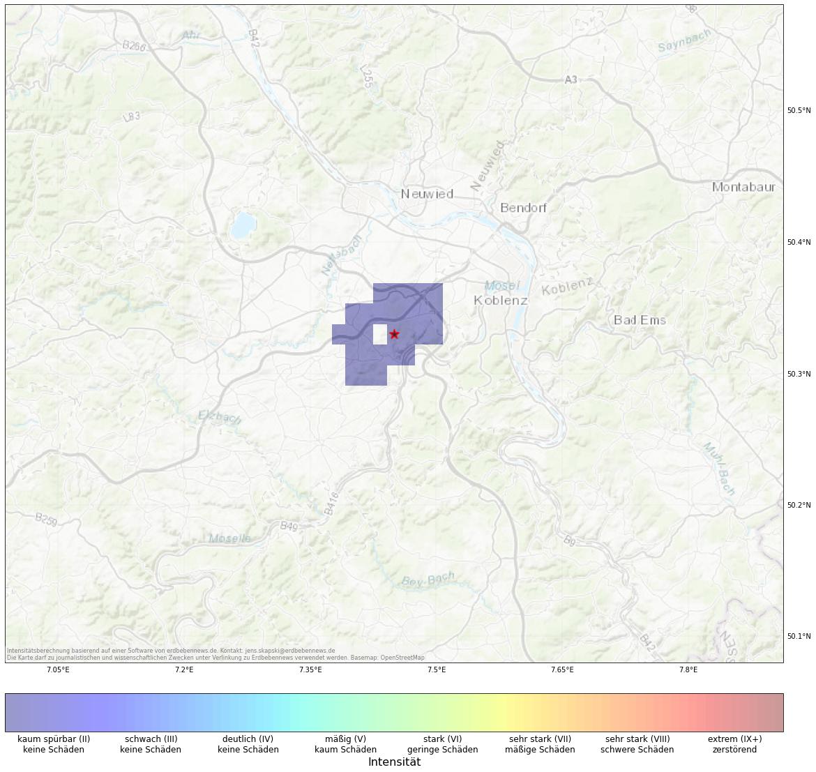 Berechnete Intensität (ShakeMap) des Erdbebens der Stärke 2.0 am 31. October, 02:29 in Deutschland