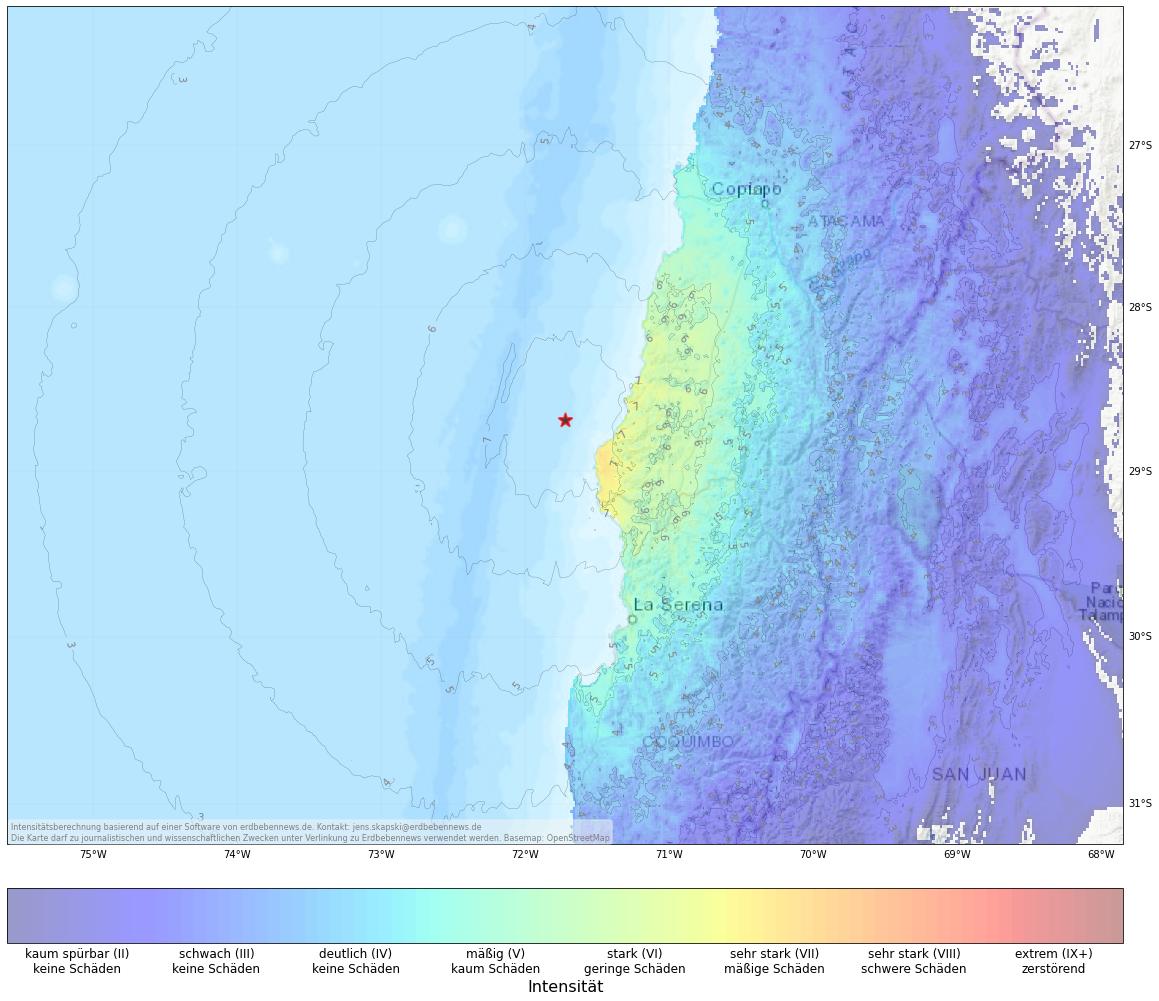Berechnete Intensität (ShakeMap) des Erdbebens der Stärke 6.6 am 31. Oktober, 13:33 Uhr in Chile