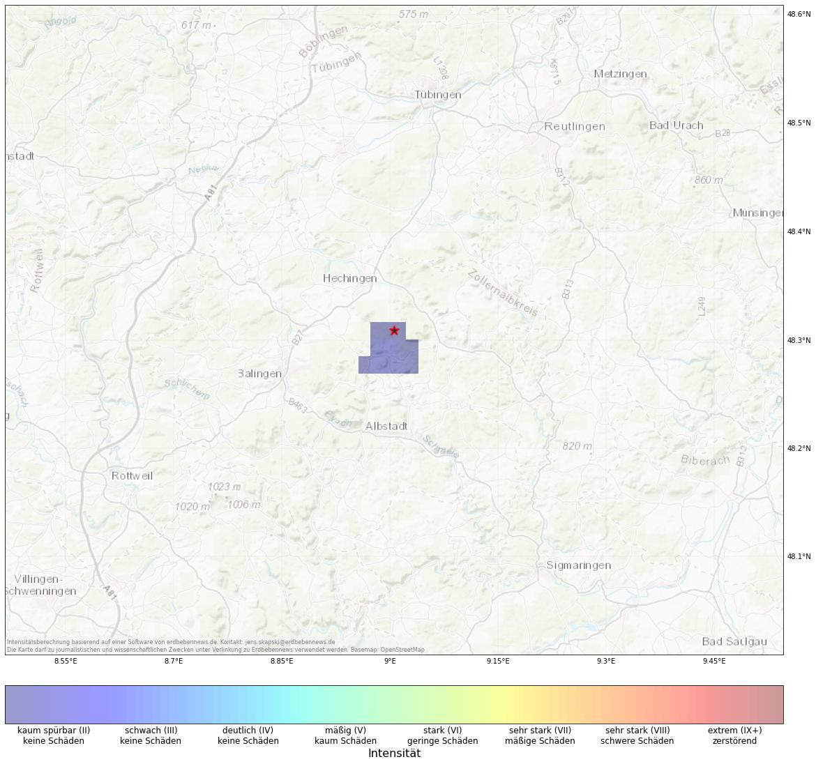 Berechnete Intensität (ShakeMap) des Erdbebens der Stärke 2.1 am 01. November, 19:48 in Deutschland