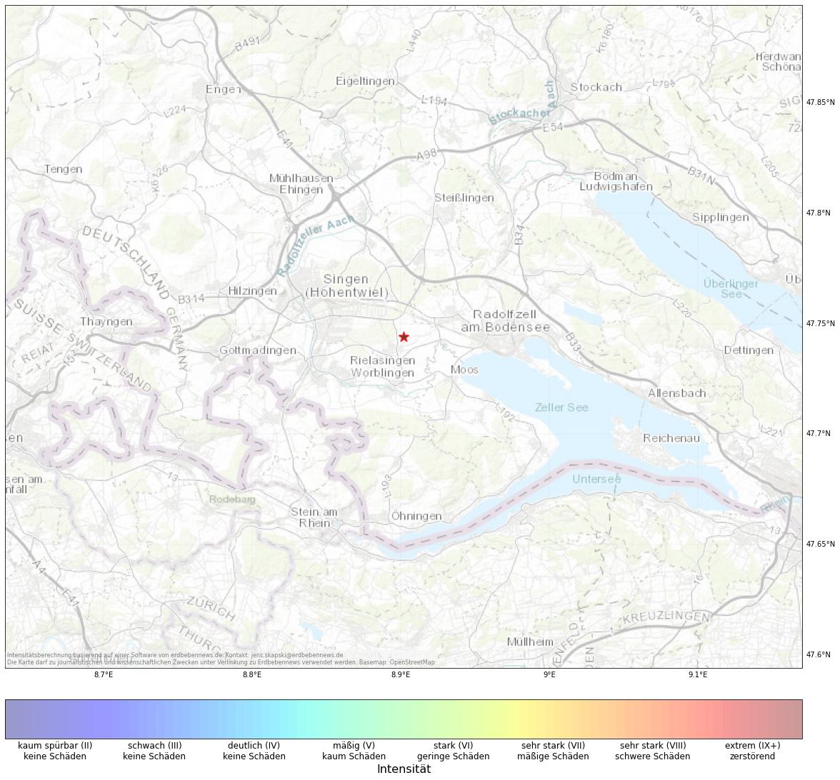 Berechnete Intensität (ShakeMap) des Erdbebens der Stärke 1.8 am 02. November, 07:37 in Schweiz