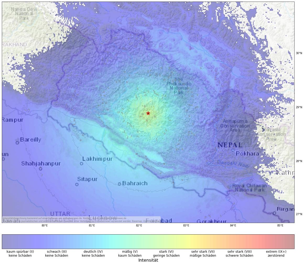 Berechnete Intensität (ShakeMap) des Erdbebens der Stärke 5.6 am 3. November, 19:02 Uhr in Nepal