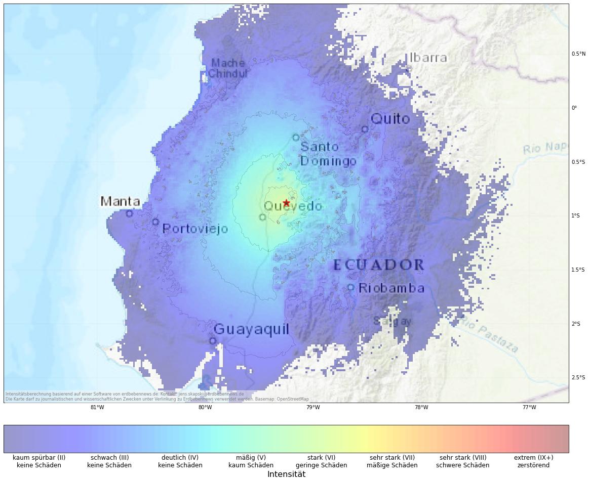 Berechnete Intensität (ShakeMap) des Erdbebens der Stärke 5.2 am 7. November, 4:33 Uhr in Ecuador