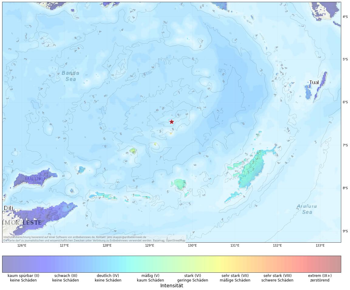 Berechnete Intensität (ShakeMap) des Erdbebens der Stärke 7.1 am ´8. November, 05:53 Uhr in Indonesien