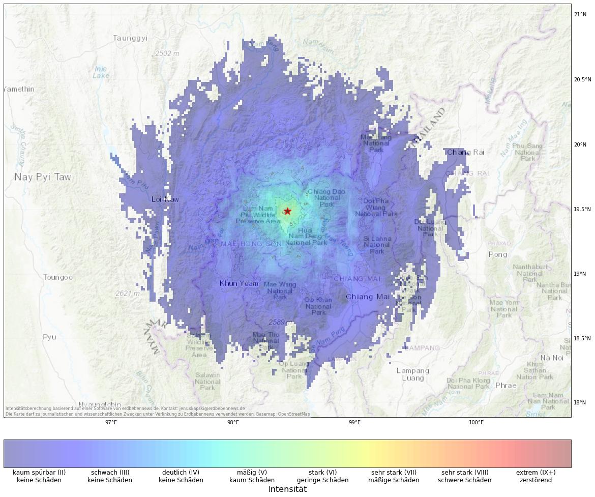 Berechnete Intensität (ShakeMap) des Erdbebens der Stärke 4.7 am 9. November, 8:30 Uhr in Thailand