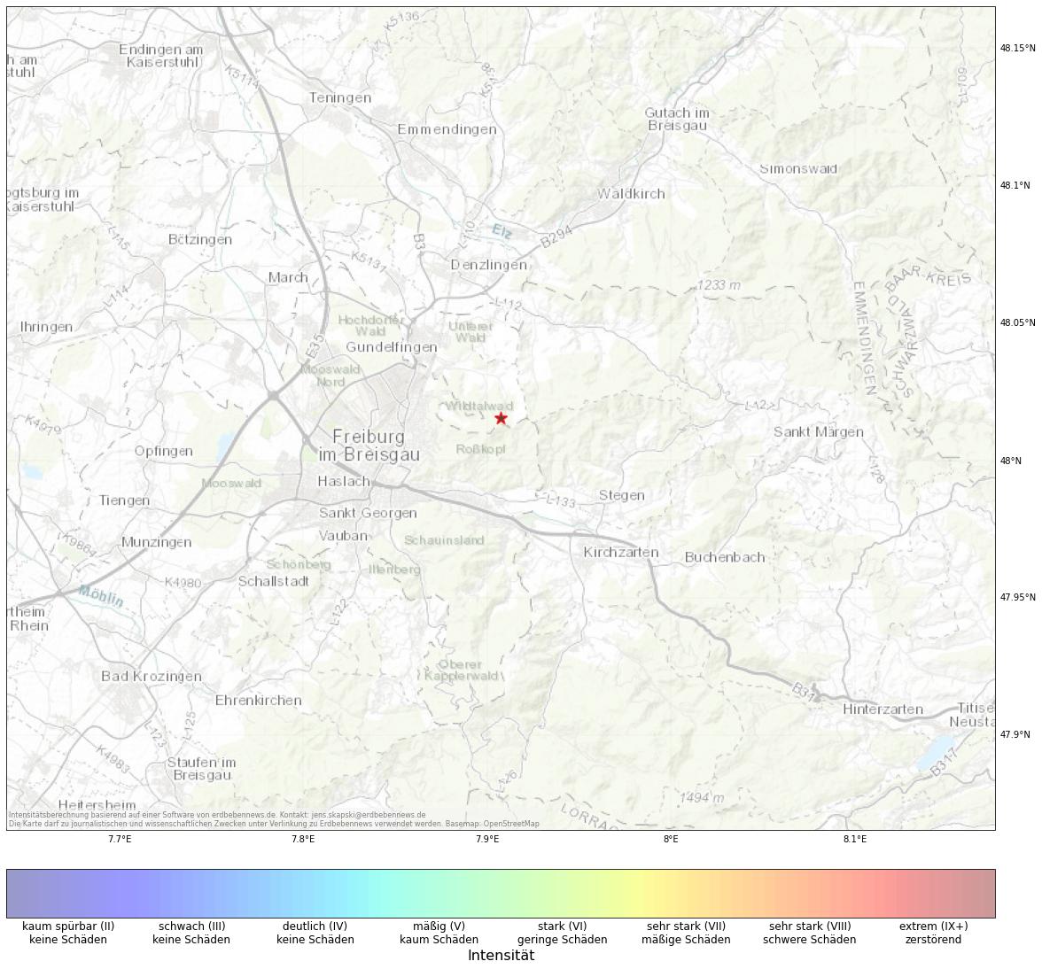 Berechnete Intensität (ShakeMap) des Erdbebens der Stärke 1.7 am 09. November, 19:18 in Deutschland