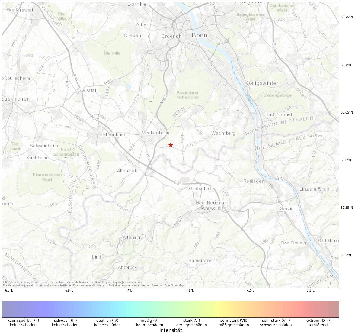 Berechnete Intensität (ShakeMap) des Erdbebens der Stärke 1.7 am 08. November, 17:56 in Deutschland