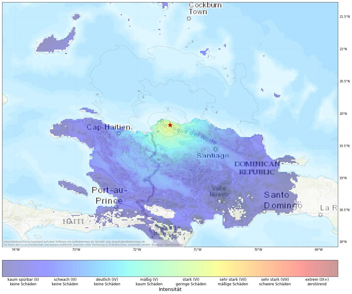 Berechnete Intensität (ShakeMap) des Erdbebens der Stärke 5.3 am 10. November, 18:22 Uhr in Dominikanische Republik