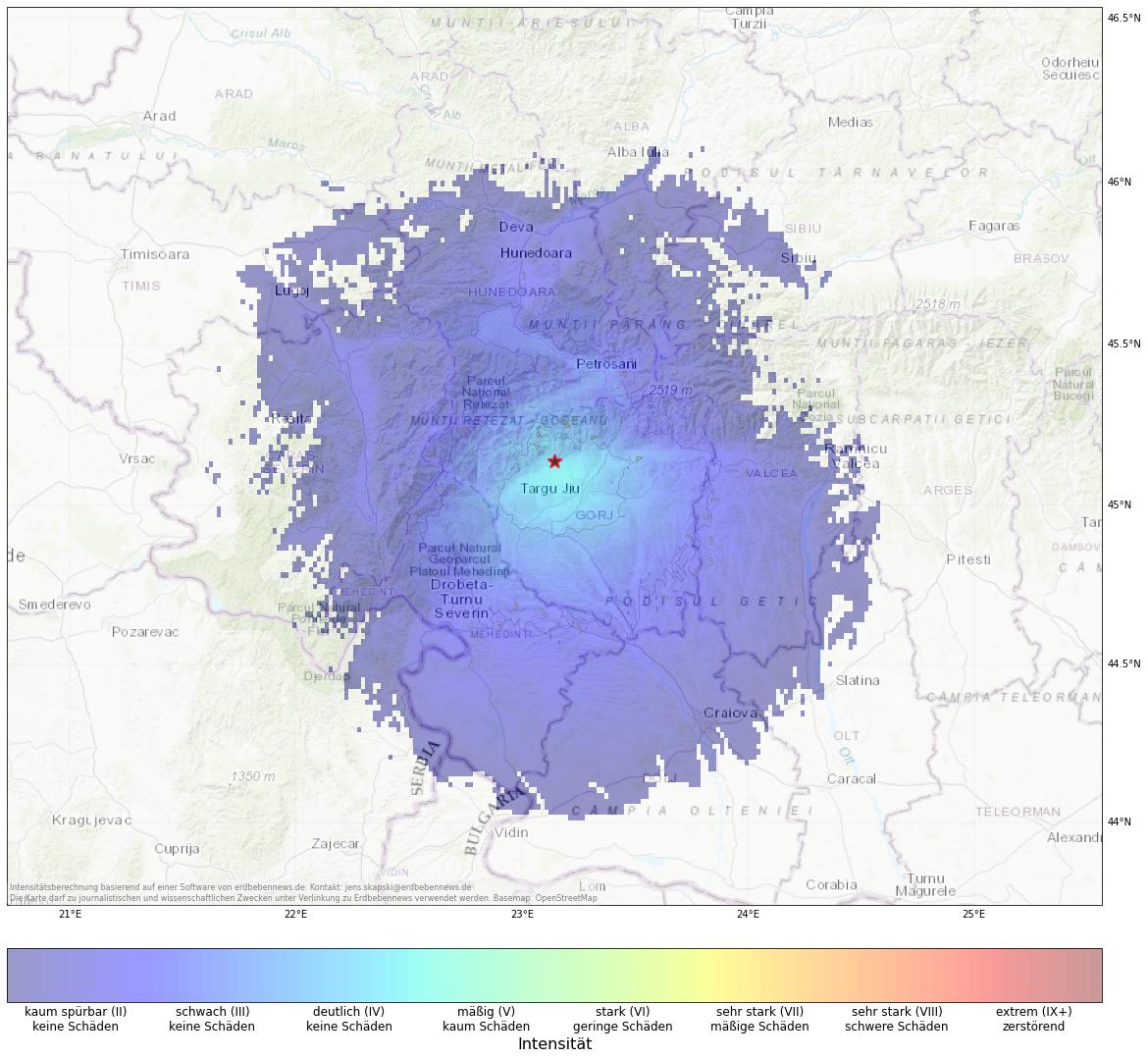 Berechnete Intensität (ShakeMap) des Erdbebens der Stärke 4.3 am 10. November, 18:48 Uhr in Rumänien
