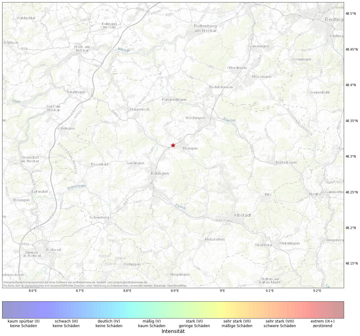 Berechnete Intensität (ShakeMap) des Erdbebens der Stärke 1.9 am 14. November, 03:12 in Deutschland