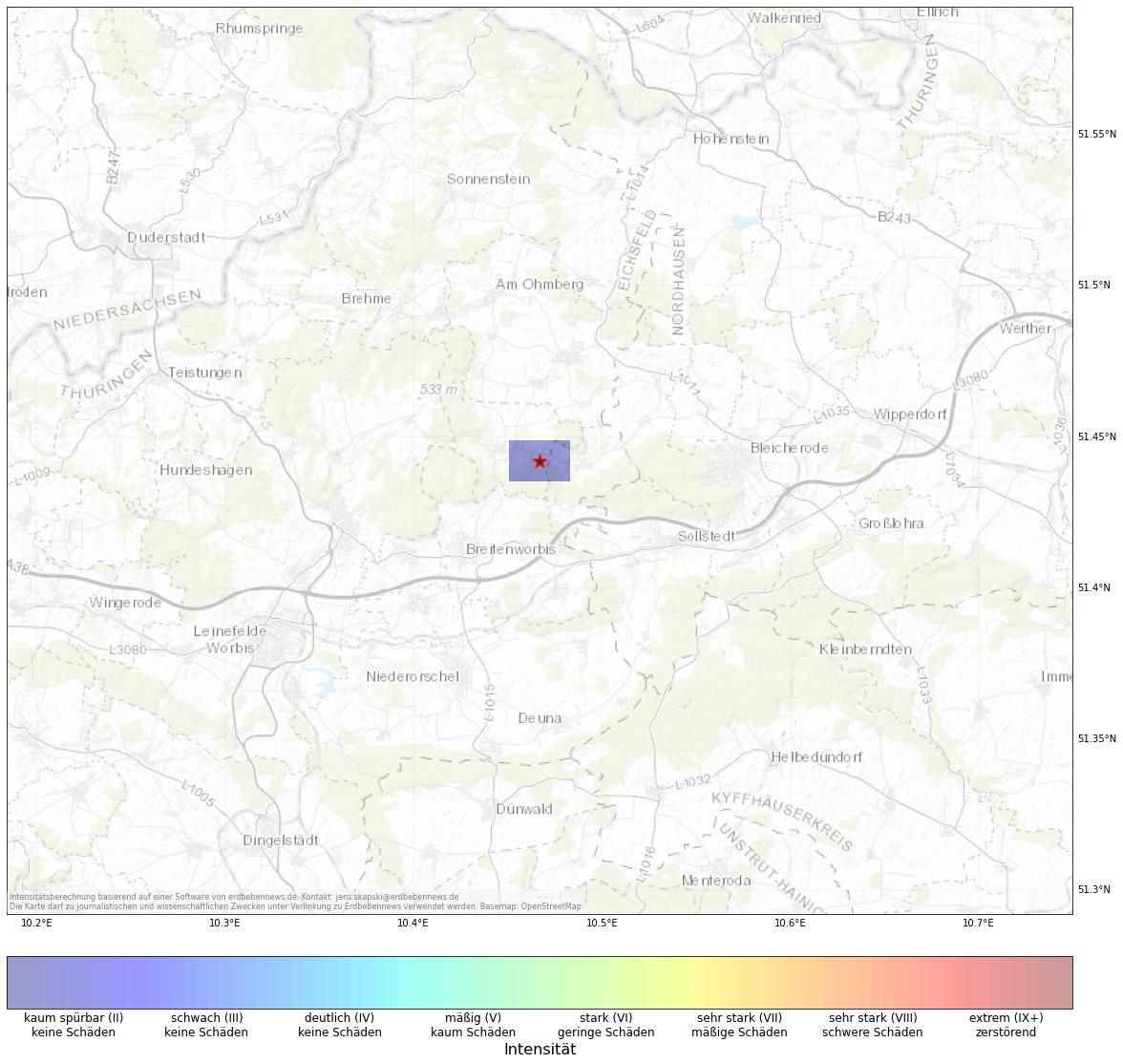 Berechnete Intensität (ShakeMap) des Erdbebens der Stärke 1.3 am 13. November, 18:48 in Deutschland